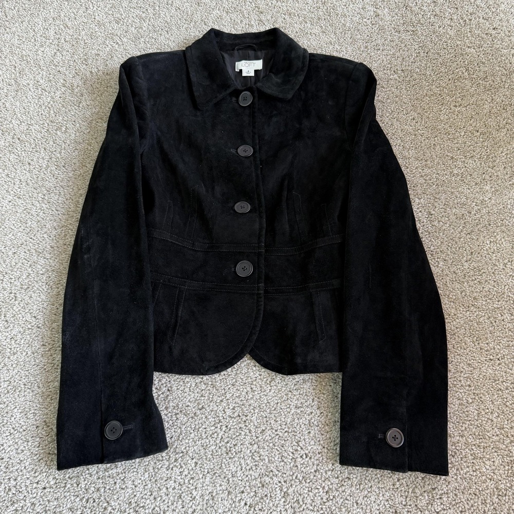 Ann Taylor Loft Jacket Womens 4 Black Leather Short Collared Button Front